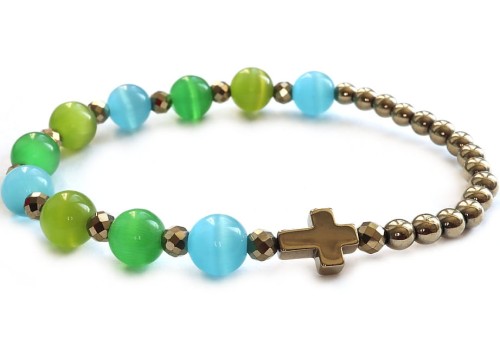Różaniec bransoletka kocie oko zielono turkusowy 8852 [p19]