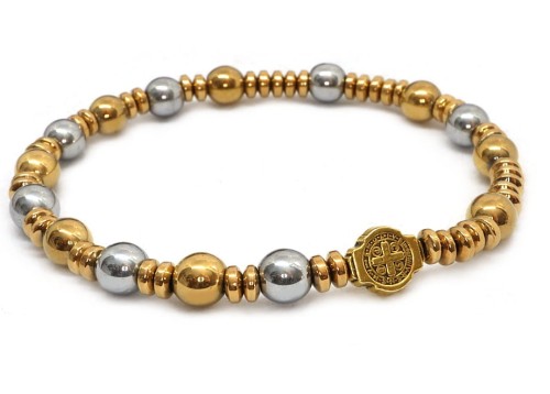 Różaniec bransoletka na rękę hematyt złoty srebrny Św. Benedykt 9152  [038]